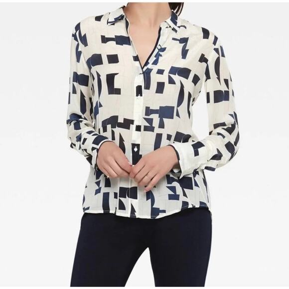 Ecru Hepburn Silk Blend Geometric Print Button Up Long Sleeve Top XS Blue Cream - Picture 1 of 10